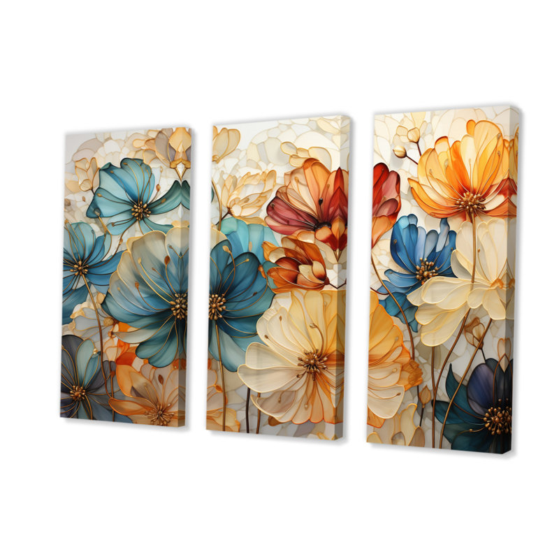 «Teal Orange Petal Mosaics II», reproduction sur toile 3 pièces, H 32 po x l 48 po x P 1 po