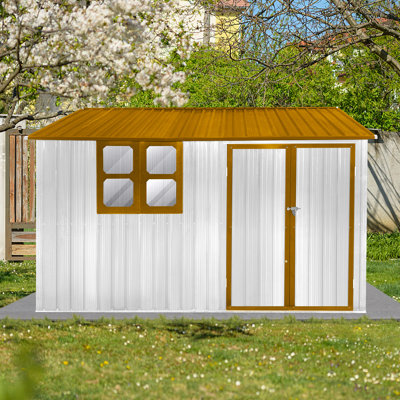Abri de jardin en métal 10 pi avec rangement extérieur blanc et jaune avec fenêtre