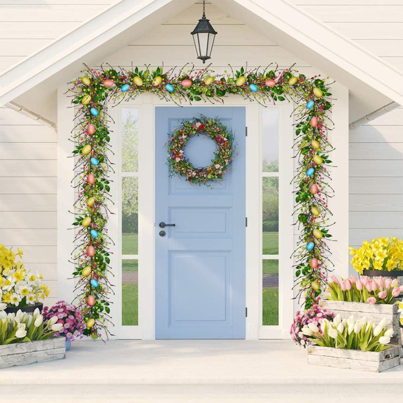 6 FT Long Artificial Easter Egg And Mixed Berry Garland Hanging Rustic Spring Garland Pastel Easter Garland Vine String For Easter Springtime Seasonal Decoration Wreath Making