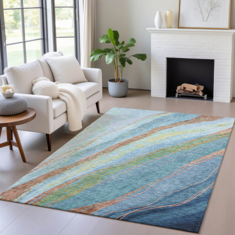 Tapis bleu intérieur / extérieur lavable à la machine Xhevrie, Rectangle 10 pi x 14 pi