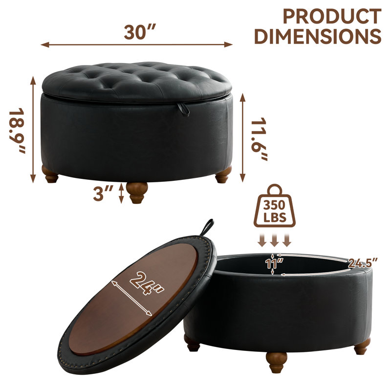 30’’ Wide Upholstered Tufted Round Storage Ottoman, Black Faux Leather