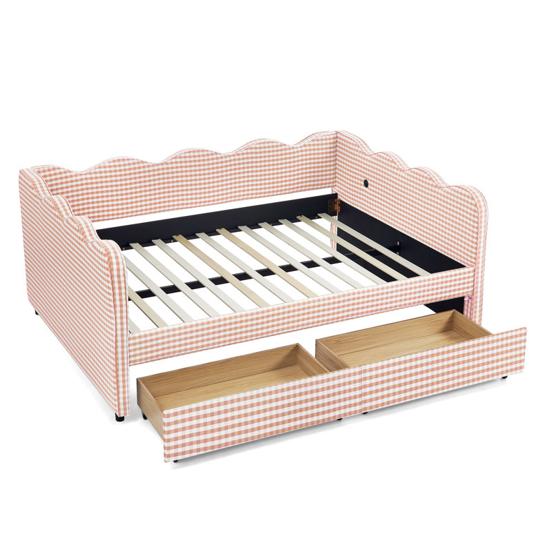 Lit de jour rembourré avec 2 tiroirs et port USB Chalan, Lit double, Rose