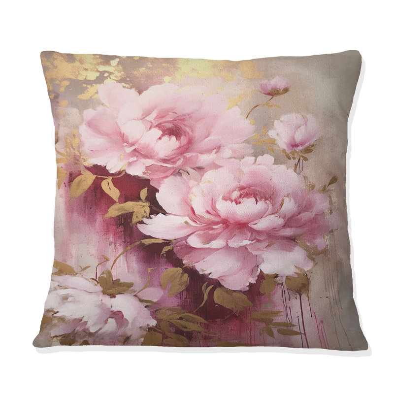 Coussin décoratif imprimé pivoines roses et dorées - Radiance