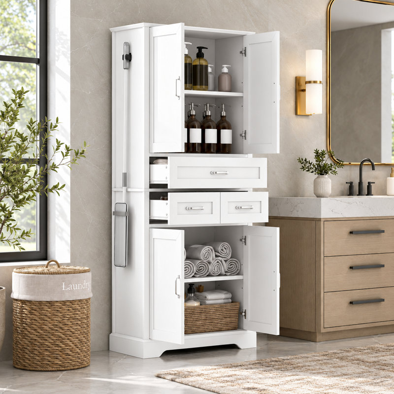 Armoire à linge de salle de bain autoportante de 179 cm de hauteur, avec 4 portes, 3 tiroirs, étagères réglables et crochet latéral en alliage d'aluminium, blanche