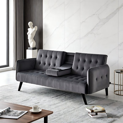71.3" Velvet Convertible Sofa Bed With Cup Holders, Tufted Futon Sleeper, Mid-century Modern 3-seat Couch For Small Spaces