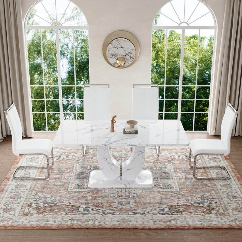 Ensemble de table de salle à manger, Blanc / argent, Marbre blanc, 5 pièces