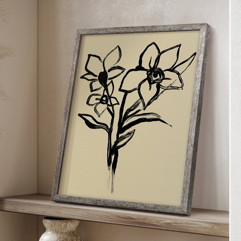 Encre florale I, impression encadrée - bois massif, H 30 po x l 24 po