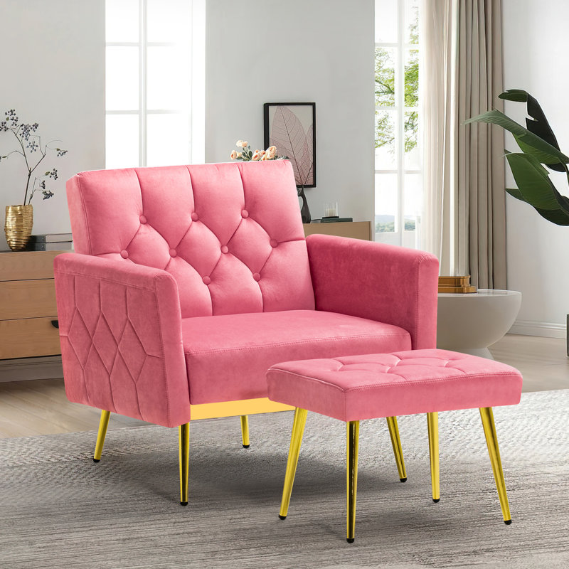 Zianny Velvet Accent Chair with Ottoman, Pink Velvet