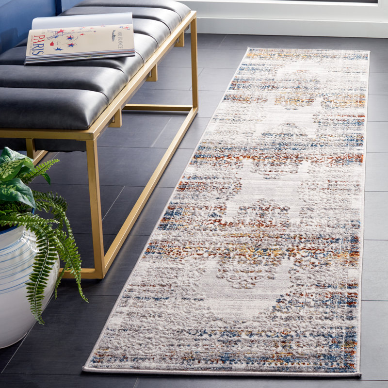 Tapis gris / bleu doré Minyard 298, Tapis de couloir 2 pi x 8 pi