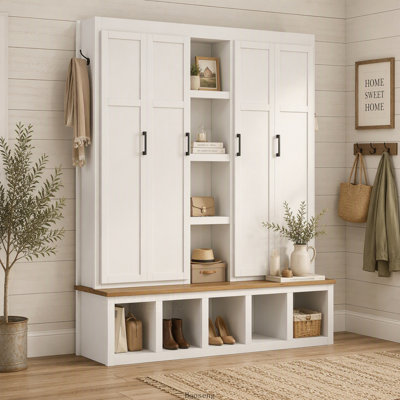 Arbre d'entrée 62,9 pouces Farmhouse 4-en-1 avec 6 crochets suspendus, banc à grain de bois et armoire à chaussures, blanc