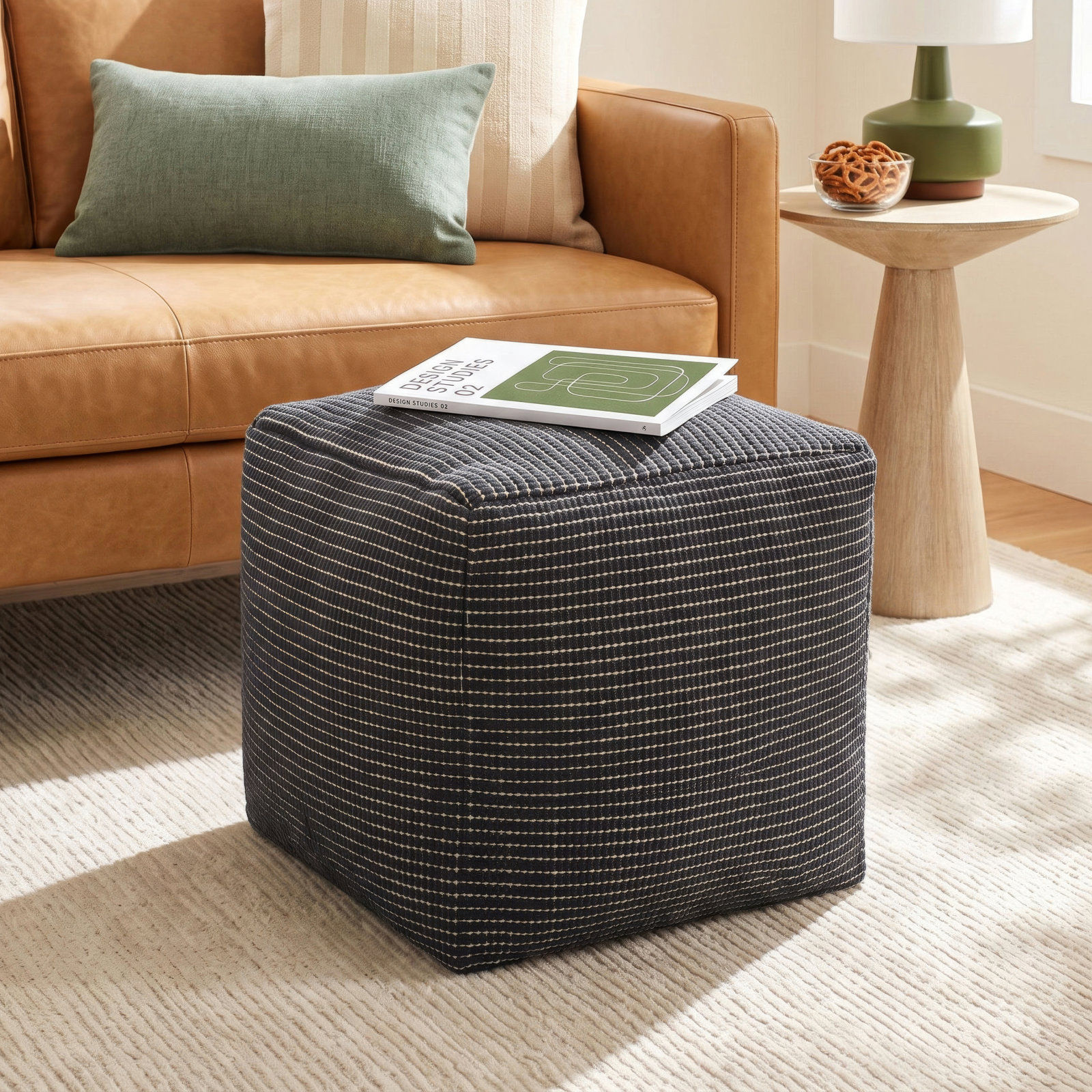 Waverly 18" Cotton Upholstered Pouffe, Black