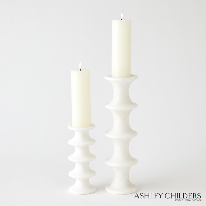 Ridge Alabaster Candlestick-Lg, 7.25" H x 3" W x 3" D, White