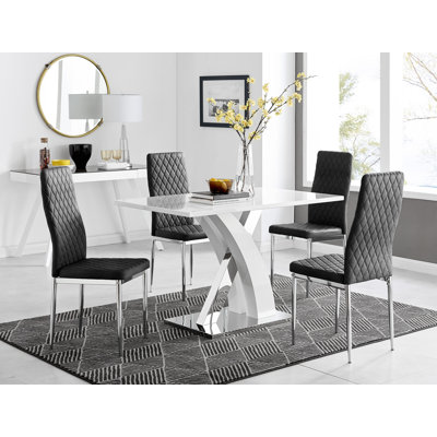 Marietta Chrome Metal and White High Gloss Dining Table Set - 4 Luxury Velvet Dining Chairs