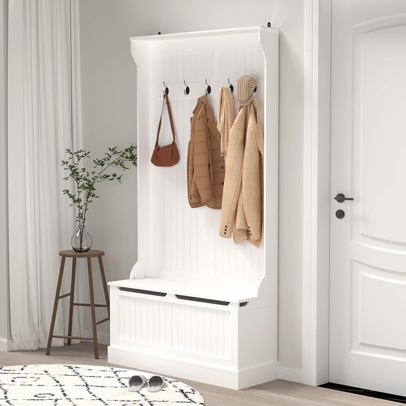 Entryway Bench with Standing Coat Rack, Hall Tree with Shoe Storage Bench, Entryway Organizer with 5 Hooks, White