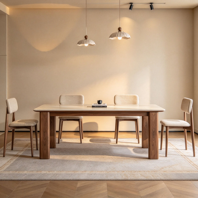 Table en frêne et noyer, 29.5" H x 63" W x 31.5" D, 5