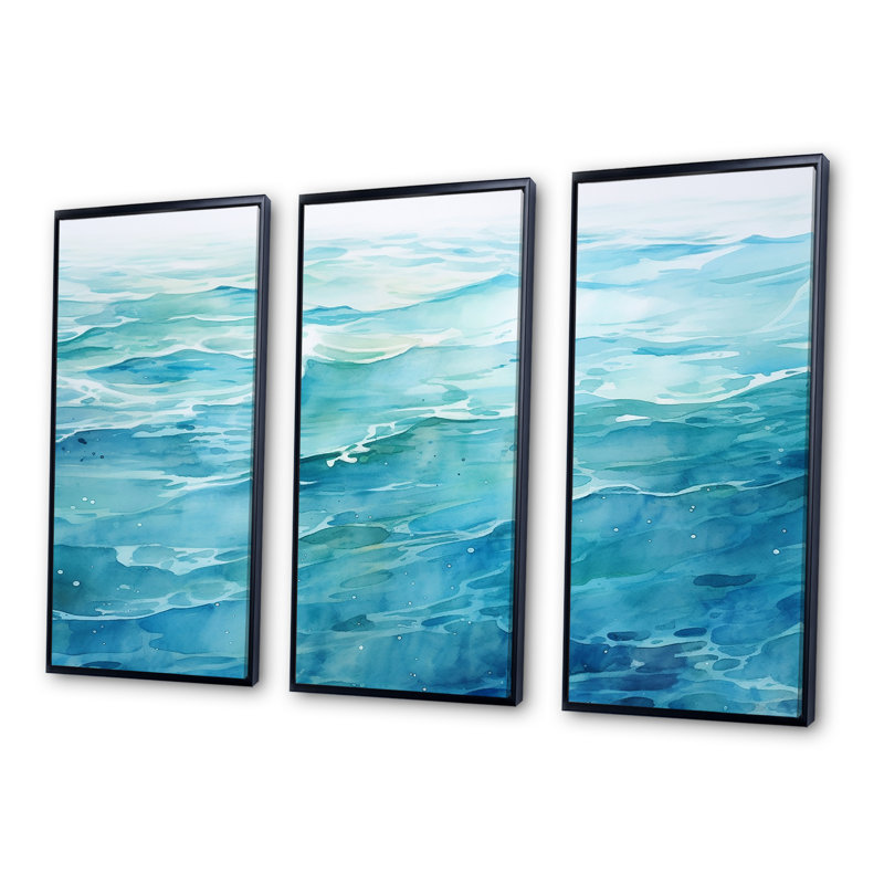 «Blue Ocean In Motion Scenery VI», ensemble d'art mural sur toile océan, Cadre flottant noir, H 32 po x l 48 po x P 1 po