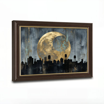 Art mural antique sur toile encadré doré pour le salon, la chambre à coucher, le bureau ou le vestibule - Décoration murale décorative avec Moon City