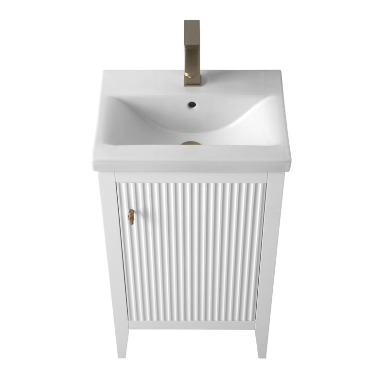 Meuble-lavabo simple pour la salle de bain avec plateau en céramique, Blanc linéaire, Doré brossé, 24"
