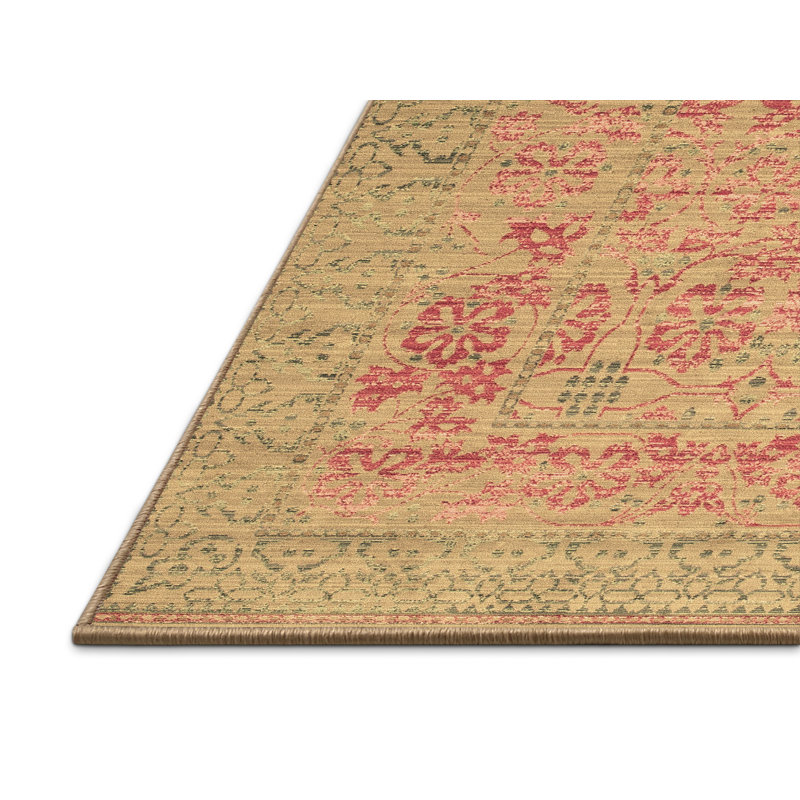 Tapis oriental en laine / polyester tissé à la machine en rose / beige / vert, Tapis de couloir 2 pi x 5 pi