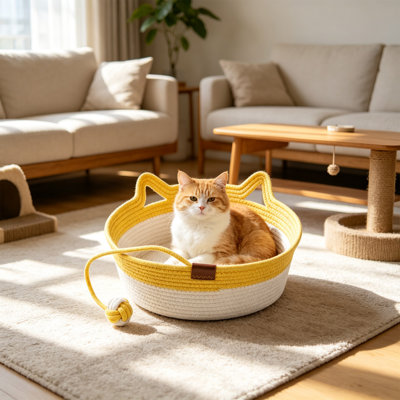 bedside backrest Cats Bed Basket Round Cotton Rope Woven Warm Medium Pet Sleeping Bed House Cute  Scratching Pad Suitable For Small Medium Dogs And Cats Indoor Play Washable