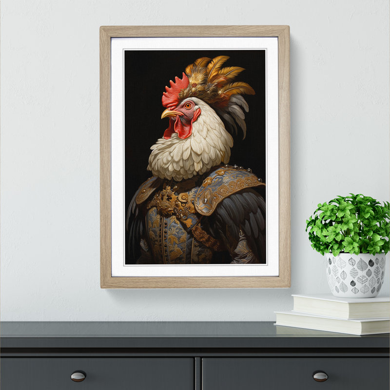 Chicken Baroque - Single Picture Frame Print on Wood, 46cm H x 34cm W x 2cm D, Oak Framed
