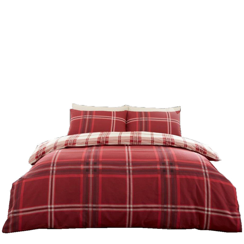 Soft Checked Duvet Cover Set with Pillowcases, Polycotton, Light weight Bedding, King, Red