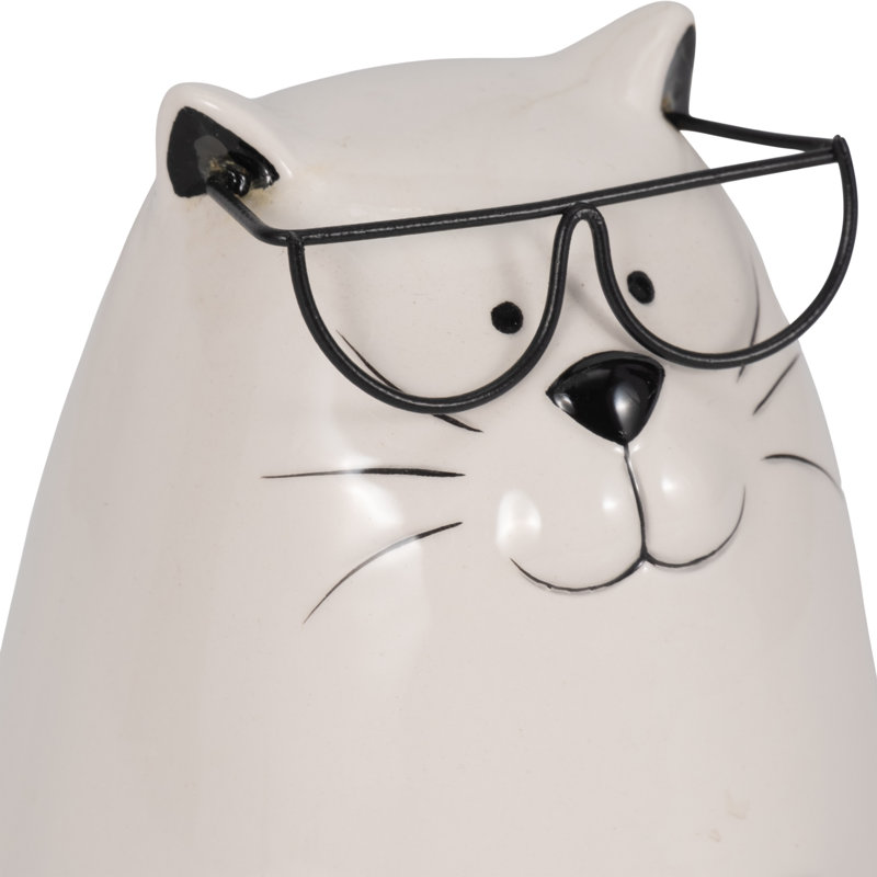 Figurine chat en grès céramique avec verres et détails bohémiens décoratifs pour le bureau de la chambre à coucher - 6 po - noir et blanc