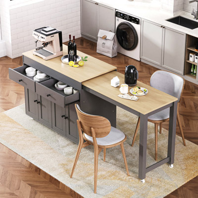 74.5 Inch Kitchen Island With Extendable Dining Table , Rolling Kitchen Island On Wheels With Spice Rack And 2 Drawers, 4 Door Cabinet, For Kitchen, Dining Room, Grey (Two Packages)