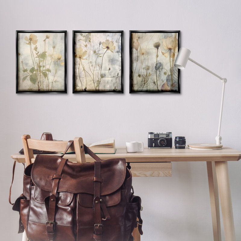  "Soft Blooming Botanicals", ensemble de 3 toiles flottantes encadrées par lettres et doublures, Cadre flottant noir de jais
