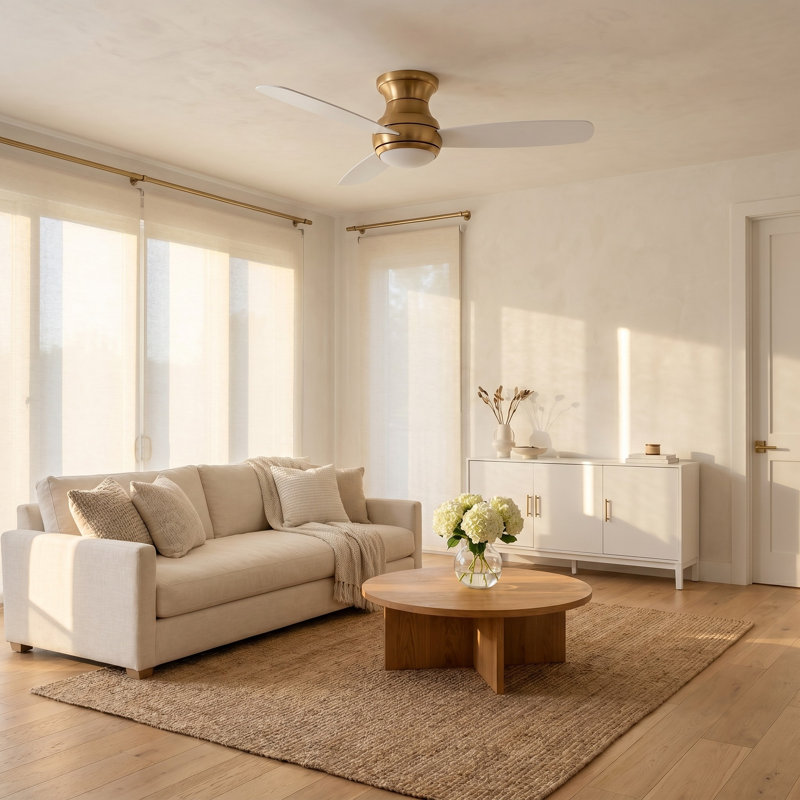 Keed 52'' Ceiling Fan with LED Lights, Matte White, Satin Brass