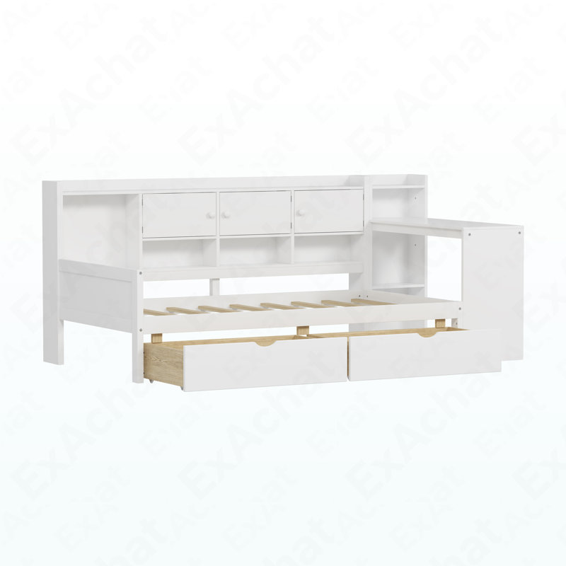 Wooden L-Shape Daybed With Seven Storage Cabinets And Two Storage Drawers, Multi-Functional Bed With Study Desk And Built-In Bookshelf, White