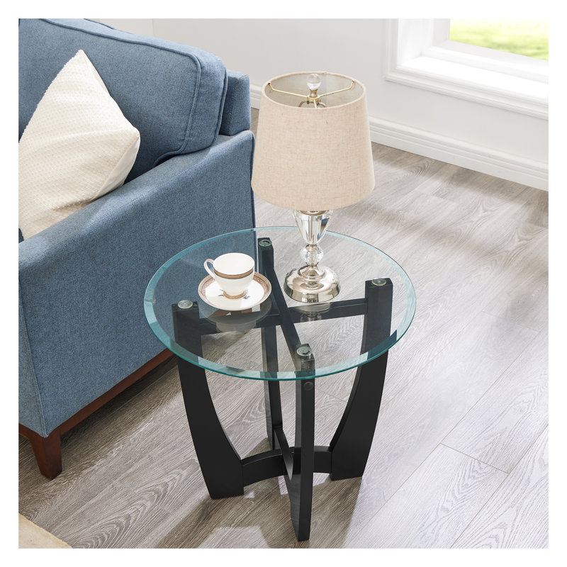 Table basse ronde en verre 23,5 po avec cadre en bois noir