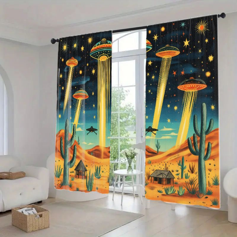 2Pcs Retro Sci-Fi Desert UFO Curtains, Mid-Century Modern Alien Spaceship Scene Window Drapes for Living Room Bedroom Kitchen Rod Pocket Decor