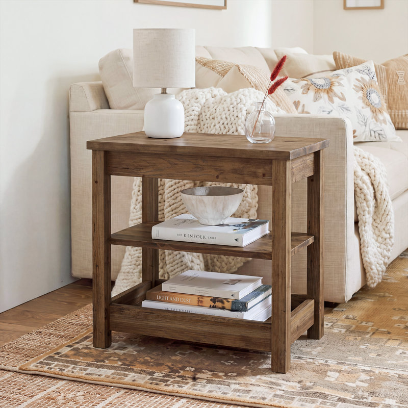 Solid Wood End Table with 3-Tier Storage, Light Brown