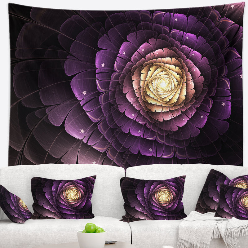 Tapisserie d'art numérique mauve fleur fractale, H 32 po x l 39 po