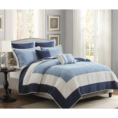 Courtepointe double / grand 7 pièces avec coussins décoratifs et taies décoratives européennes - bleu marine, motif à médaillon, bordure réversible en microfibre de couleur unie, matériau