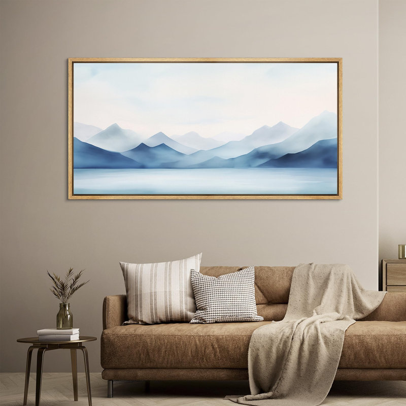 «Minimal Landscape Tranquil Hues Soft Blue Mountain Range», reproduction sur toile encadrée, H 30 po x l 60 po, Naturel