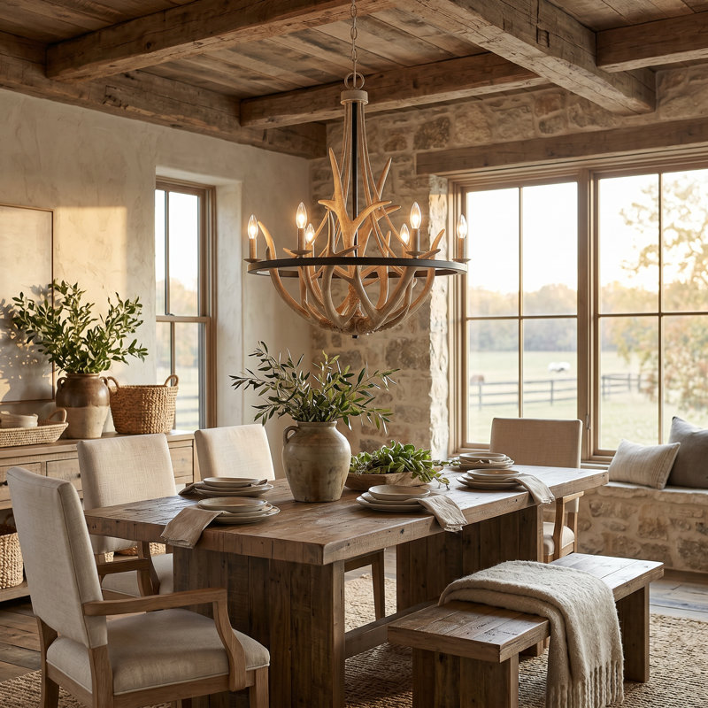 Atria 6 - Lustre Empire style bougie avec accents en bois de cerf