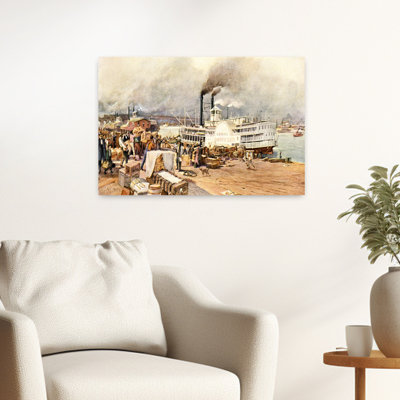 1870s ST. LOUIS MISSOURI MISSISSIPPI RIVER LEVEE LOADED WITH GOODS AND THE STEAMBOAT ROBERT E LEE AT DOCK by Nawrocki - Wrapped Canvas Print