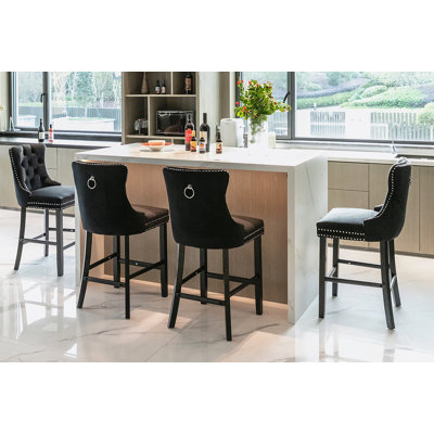 Velvet Upholstered Barstools With Button Tufted Decoration And Wooden Legs