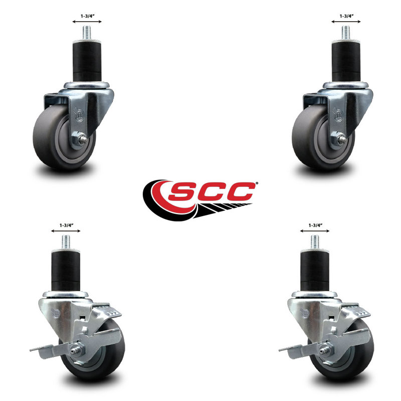 3 Inch Thermoplastic Rubber Wheel Swivel 1-3/4 Inch Expanding Stem Caster Set 2 Brakes SCC