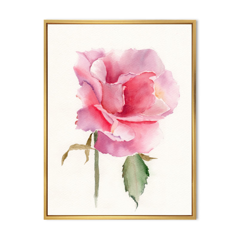 Fleur rose vif rétro - peinture sur toile, H 40 po x l 30 po x P 1,5 po, Cadre flottant doré