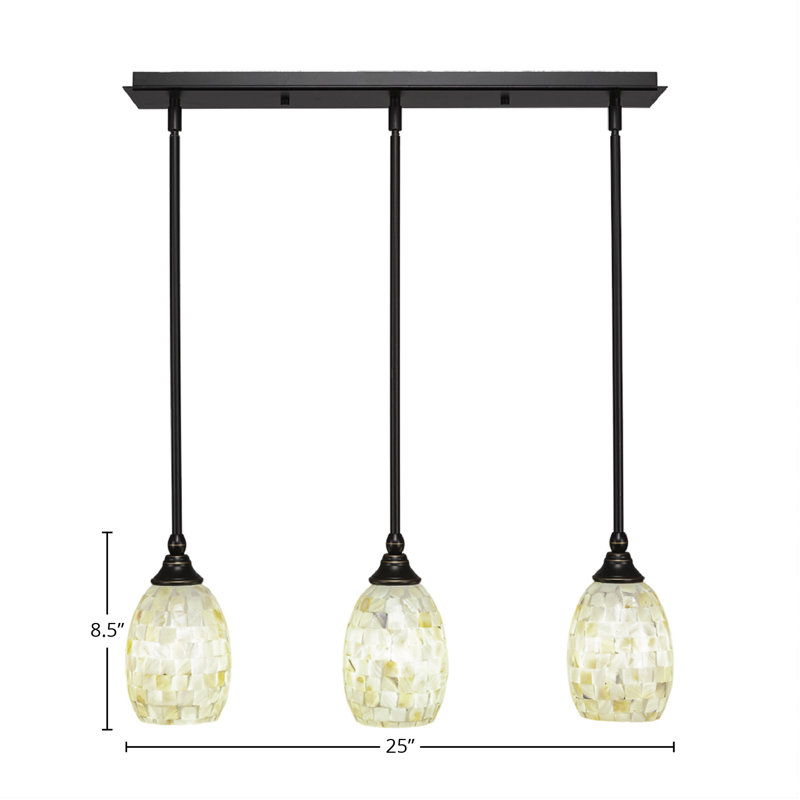 3 Light Stem Hung Linear Pendalier Shown In Dark Granite Finish With 5" Ivory Glaze Seashell Glass