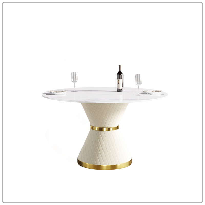 Table de salle à manger 53,15 po en pierre artificielle ronde blanche avec base en acier au carbone pouvant accueillir 6 personnes