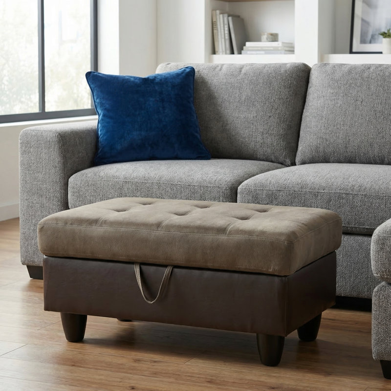 Taupe & Brown Storage Ottoman | Flannel + Faux Leather | X-Stitching | Solid Wood Frame