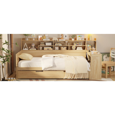 Wooden Twin Size Daybed with Storage Shelves, Multi-functional Bed with Twin Size Trundle Bed and  Study Desk, Natural
