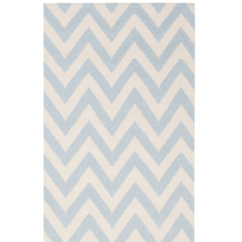 Rodgers Hand Woven Flat Weave Wool/Cotton Chevron Rug in Blue/Ivory, Runner 2'6" x 12'