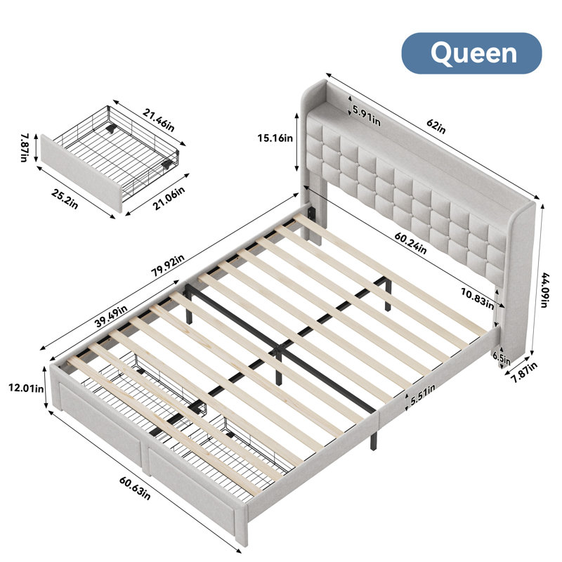 Ensemble de chambre à coucher: lit plateforme capitonné avec rangement à 2 tiroirs et tête de lit avec rangement et commode en bois cannelé