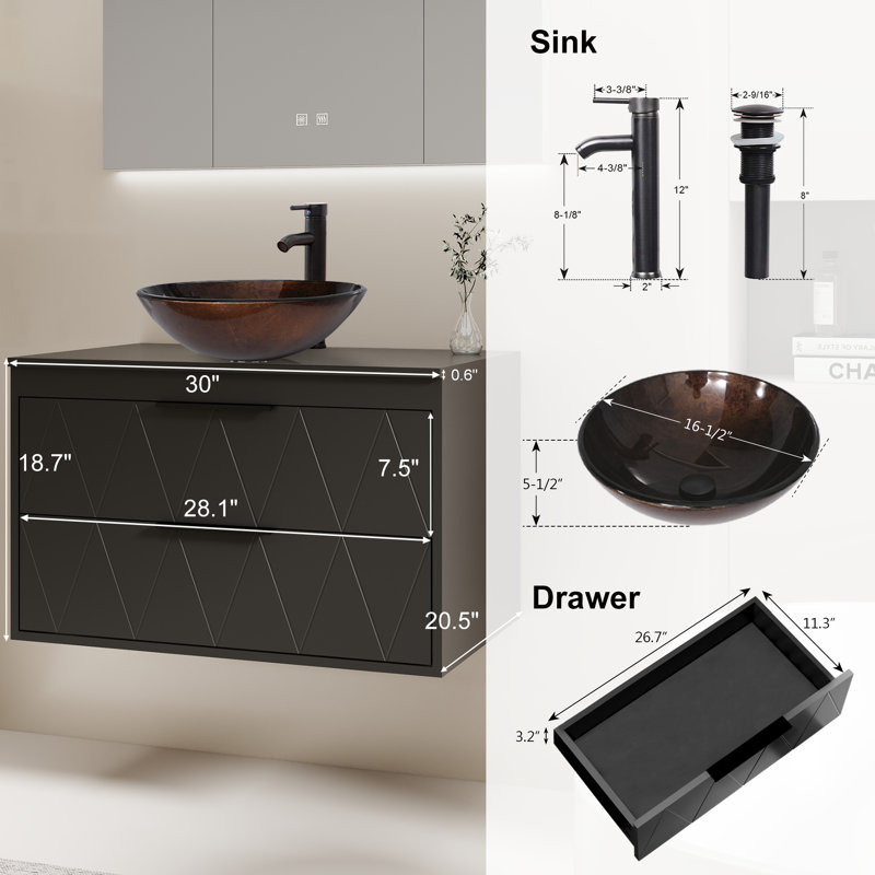 Sharee 30" Wall Mount Bathroom Vanity With Vessel Sink, Black