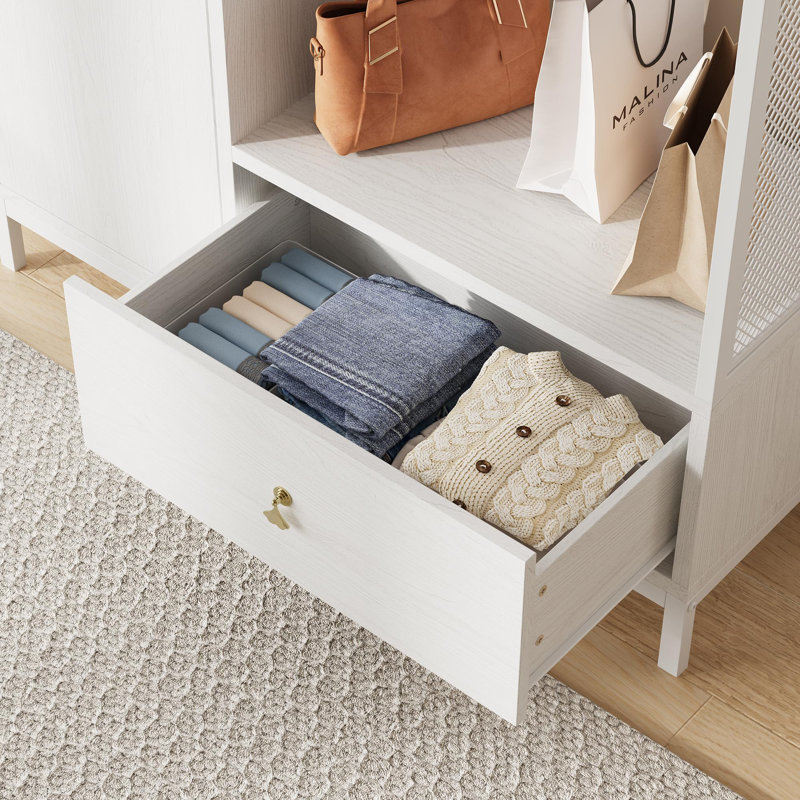  Armoire-penderie Modern, armoire de rangement en bois et métal avec portes doubles fermées, tringle suspendue, tiroir inférieur, mobilier de chambre autoportant pour petits espaces, blanc